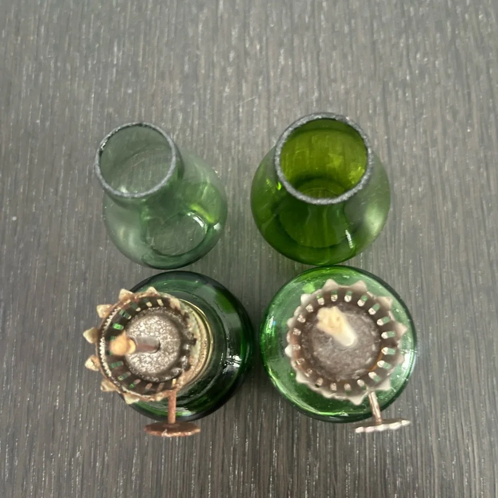 Two Vintage Miniature 4 inch Green Glass Oil Lantern Lamps Metal Decorative